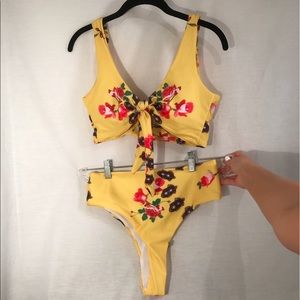 Yellow Floral Cheeky Bikini with front tie